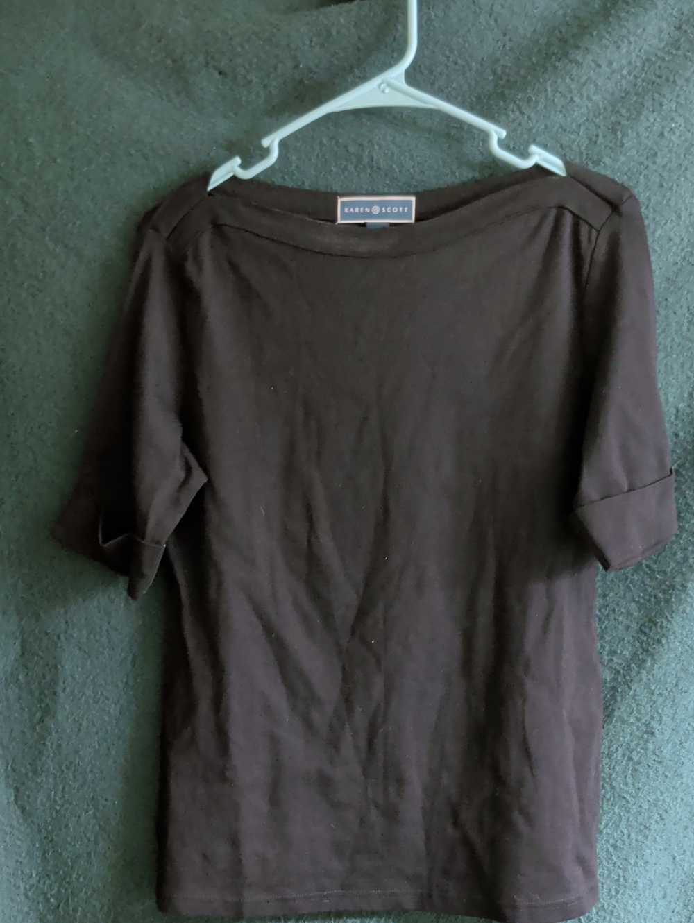 Karen Scott Black Short-Sleeve Boat Neck Top with Cuffed Sleeves